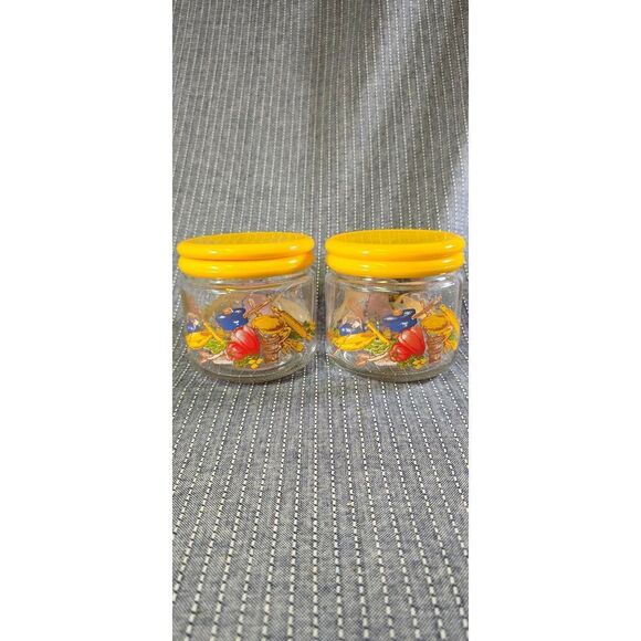 Vintage KIG ‘70s Small Lidded Canisters Vegetable & Kitchen Yellow Lid Set Of 2 - Picture 2 of 6